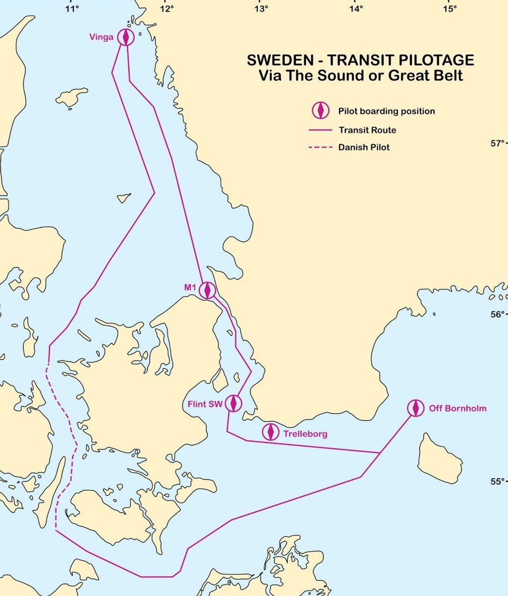 Chart over deep sea pilotage in Öresund. Karta över öppensjölotsning i Öresund